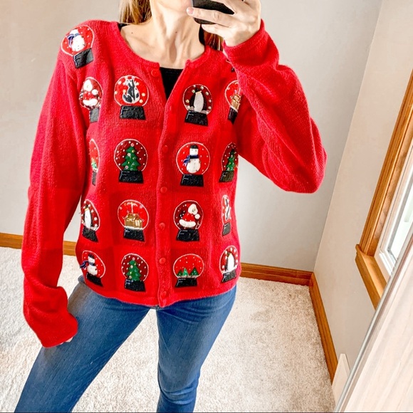 Vintage Holiday Lodge by North Crest Snowglobe “Ugly” Christmas Cardigan Sweater - Picture 1 of 6